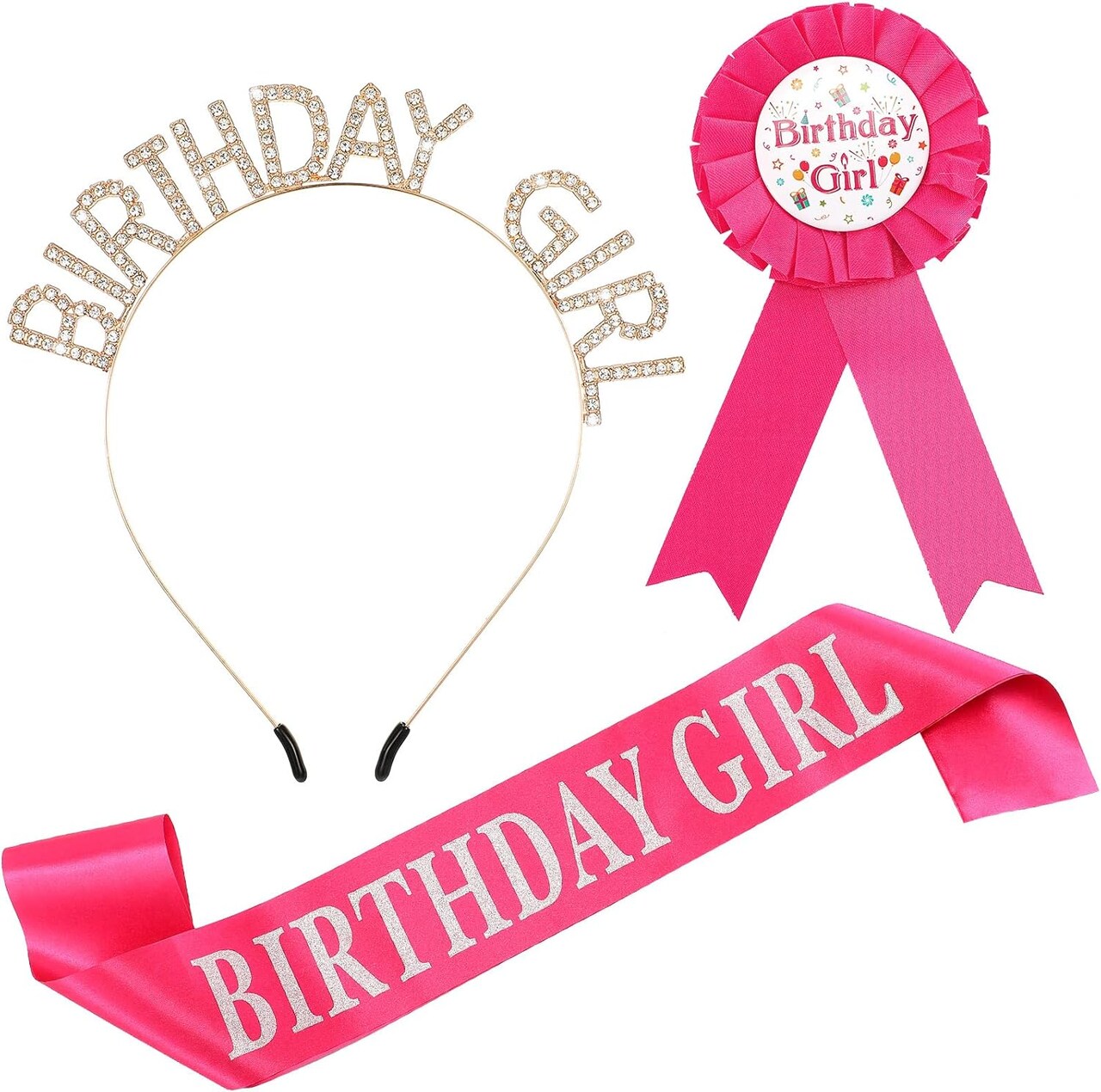 Birthday Girl Set - Rose Red - Sash, Crown, and Award Ribbon for Girls' Birthday Party Decorations